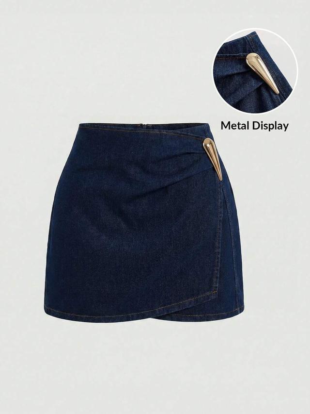 dark blue denim wrap mini skirt with metal detail