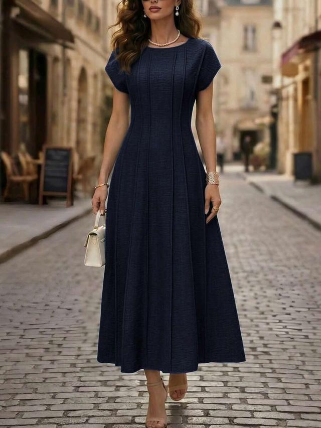 elegant cinched waist short sleeve blue long dress