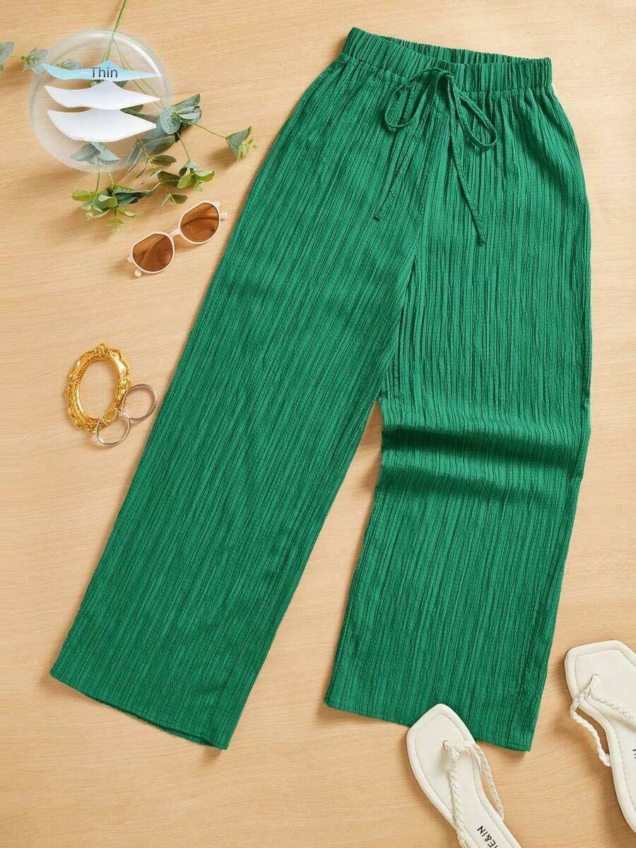 green textured wide leg capri pants