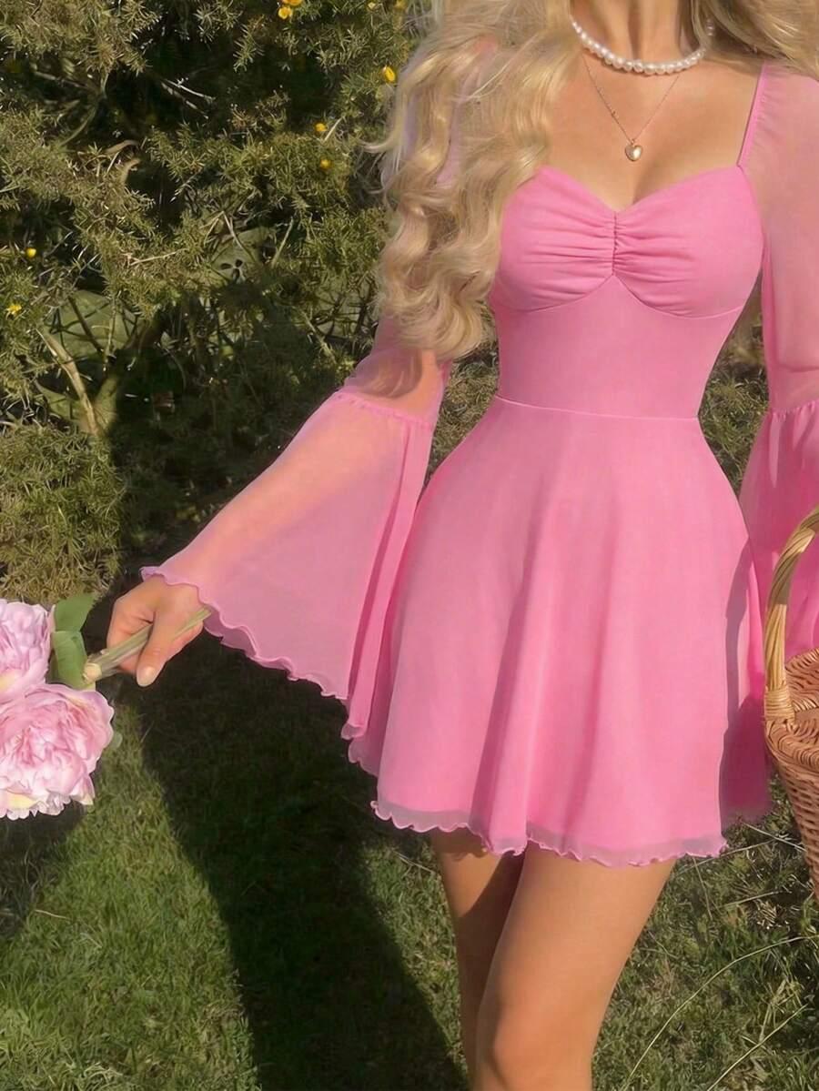 pink mesh flare sleeve short knit dress