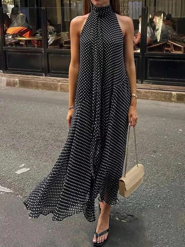elegant polka dot sleeveless asymmetric hem midi dress