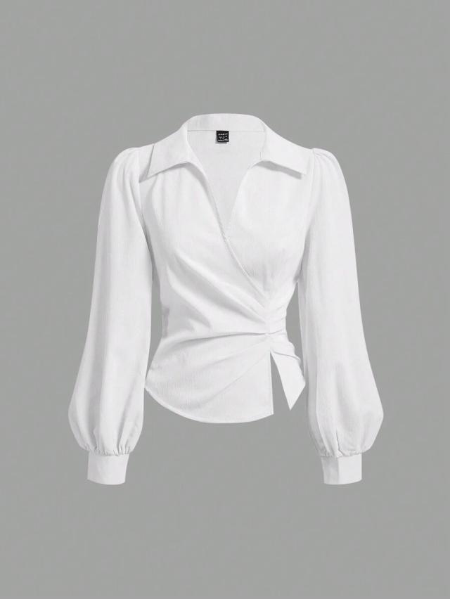 white solid color lantern sleeve wrap blouse