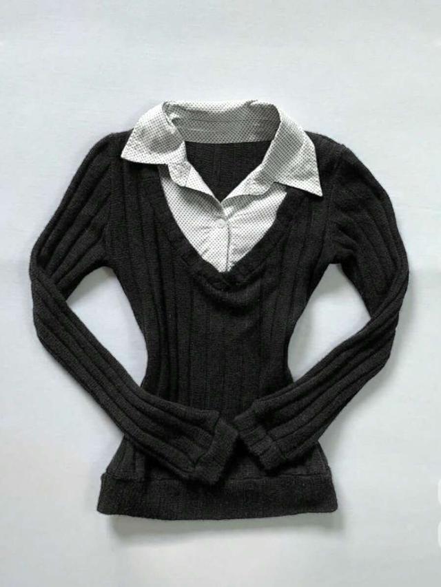 women's black ribbed knit top with polka dot collar