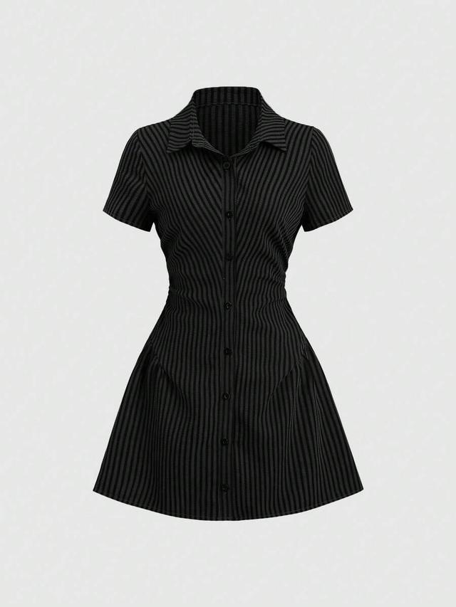 black striped button-down collared shirt dress