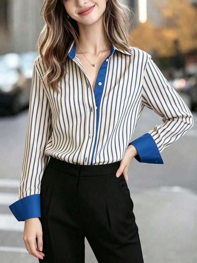 women's striped long sleeve shirt with contrast trim