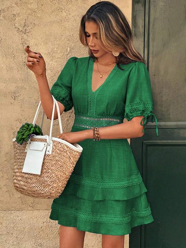 green solid color lace v-neck puff sleeve short dress