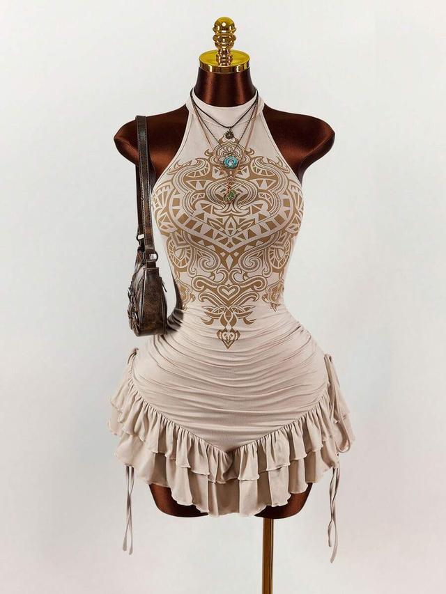 beige ruffled cinched waist asymmetrical mini dress