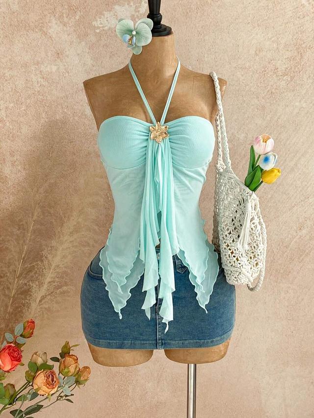 mint green fairycore asymmetrical hem halter camisole