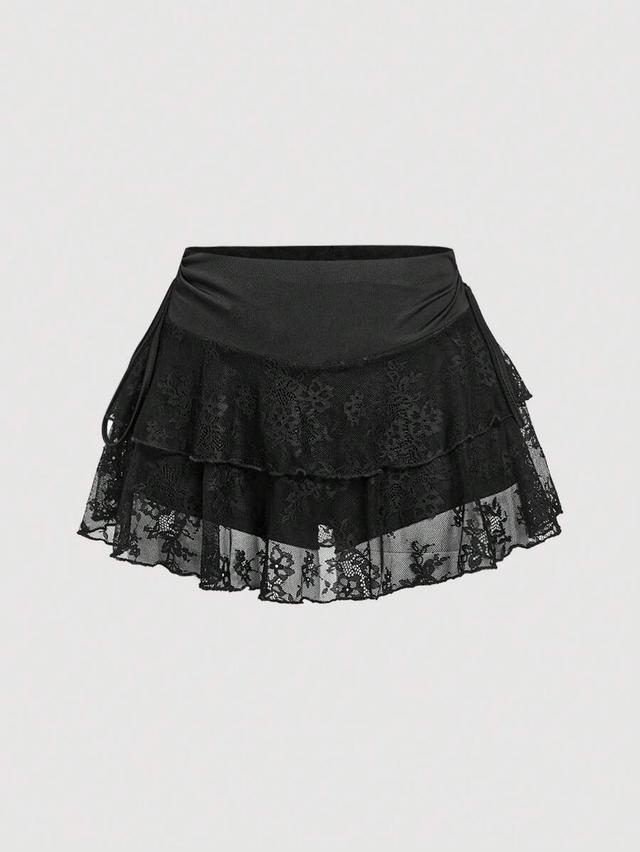 black lace drawstring waist mini skirt