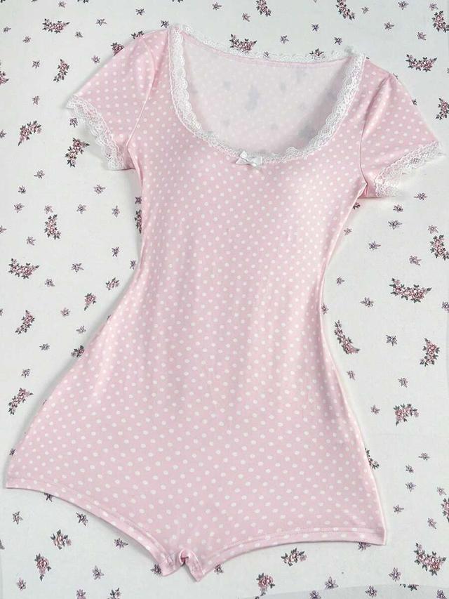 pink polka dot lace trim romper