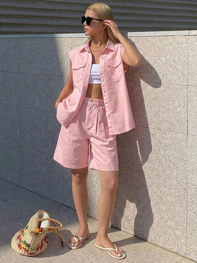 pink collared sleeveless denim shirt and shorts set