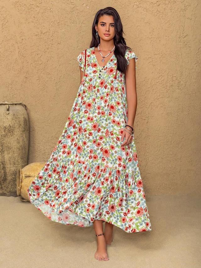 pink floral v-neck ruffle sleeve bohemian midi dress