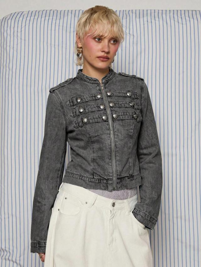 fitted grey denim military drummer jacket