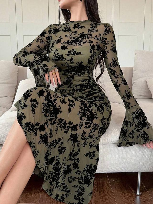 olive floral print velvet mesh midi dress
