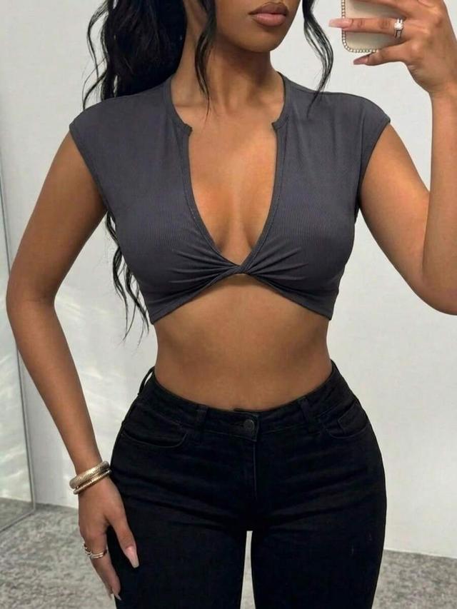 charcoal grey ribbed twist front crop top