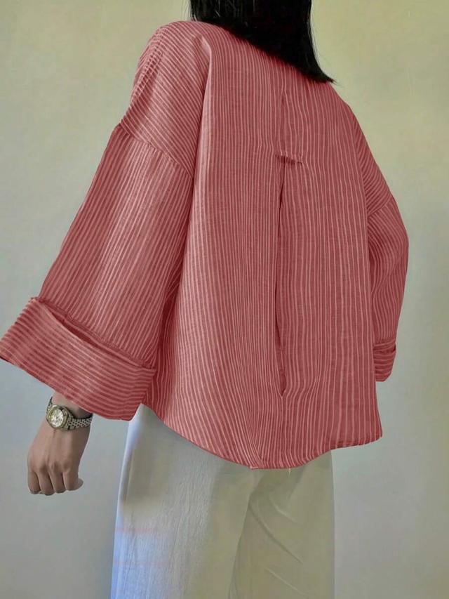 coral women's striped drop shoulder long sleeve collared shirt