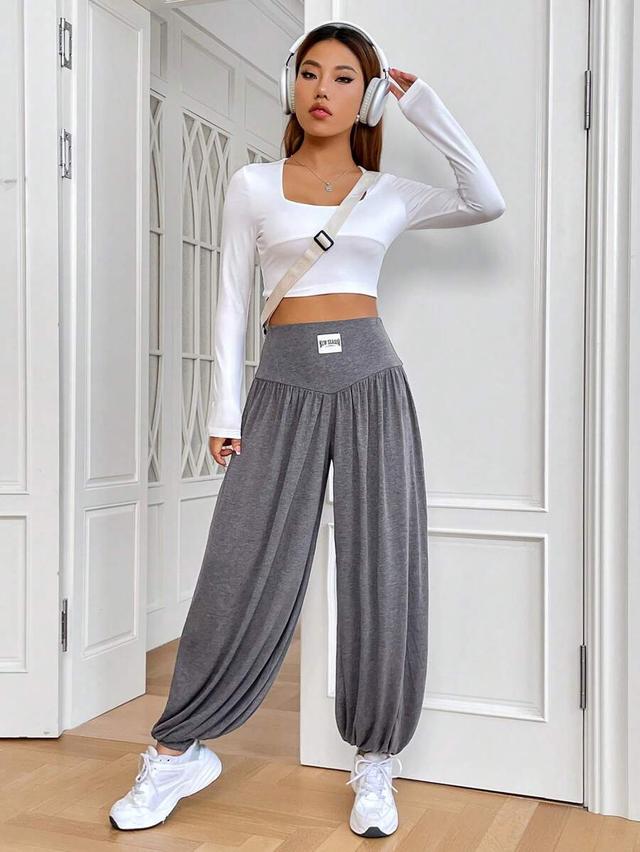 grey knit gathered lantern jogger pants