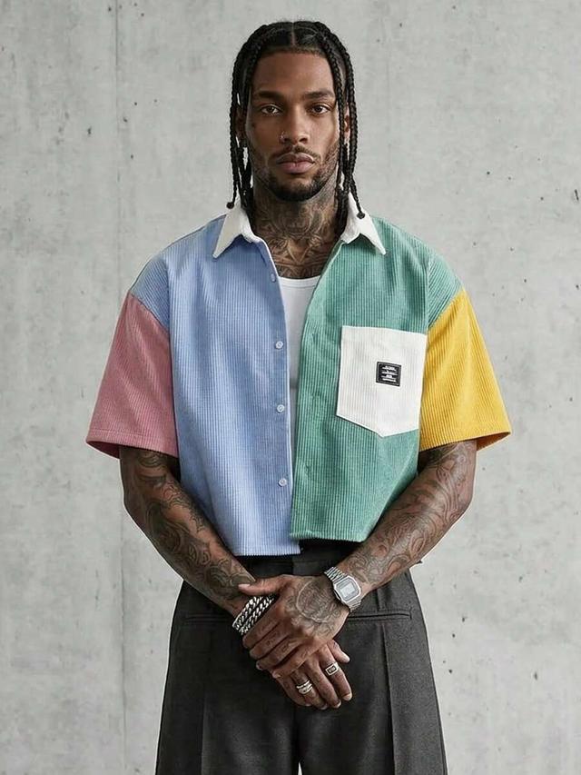 light blue colorblock corduroy cropped casual shirt
