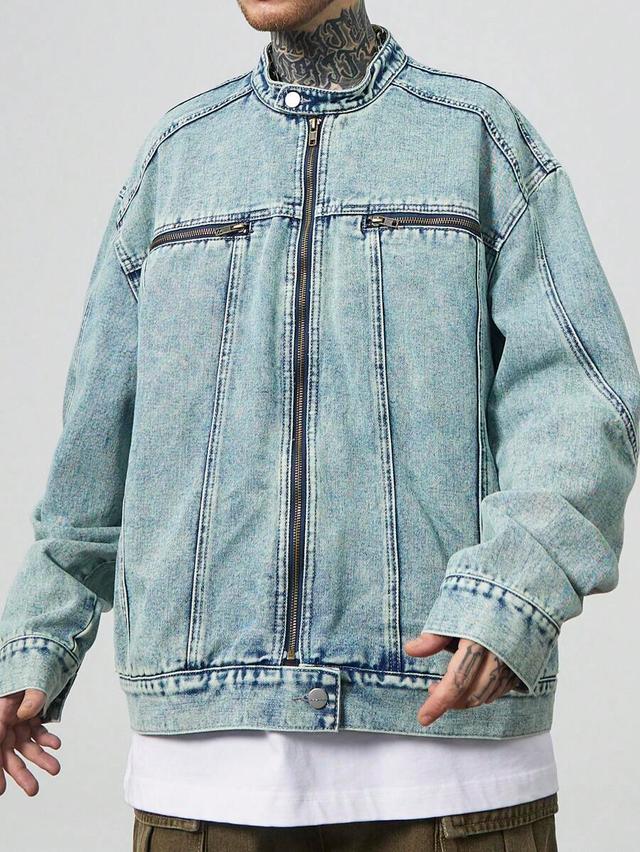 light blue distressed denim motorcycle jacket