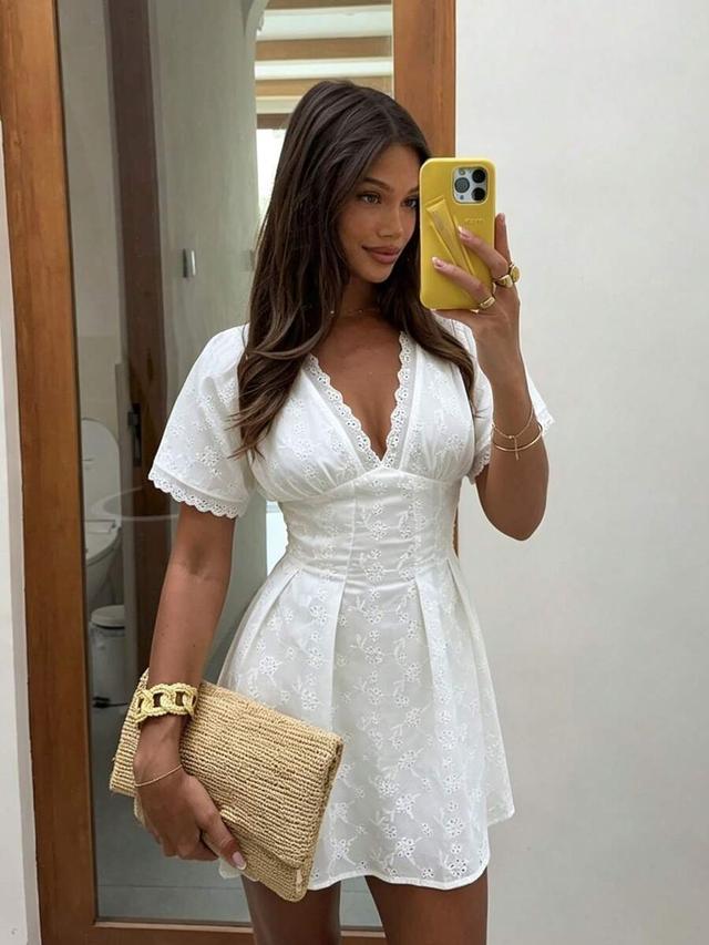 white floral eyelet embroidery v-neck mini dress
