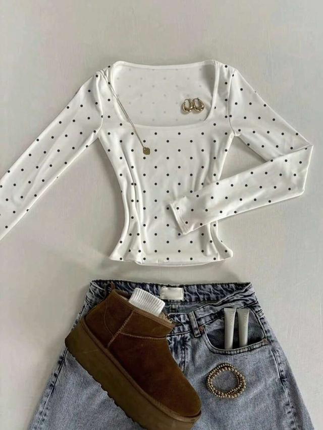 minimalist white and black polka dot square neck top