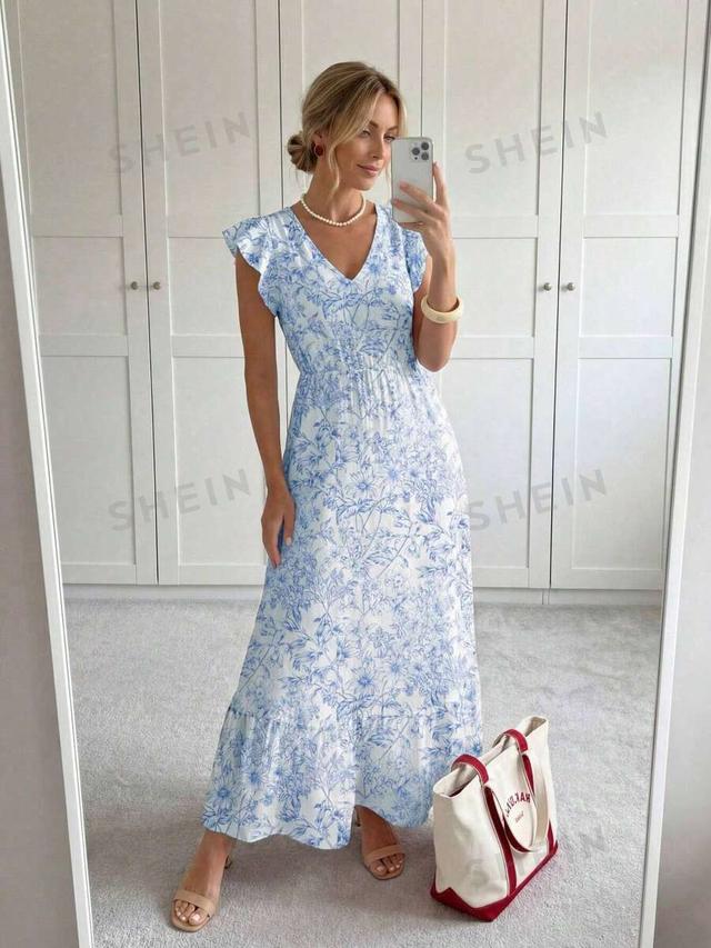 blue and white floral print flutter sleeve maxi dress