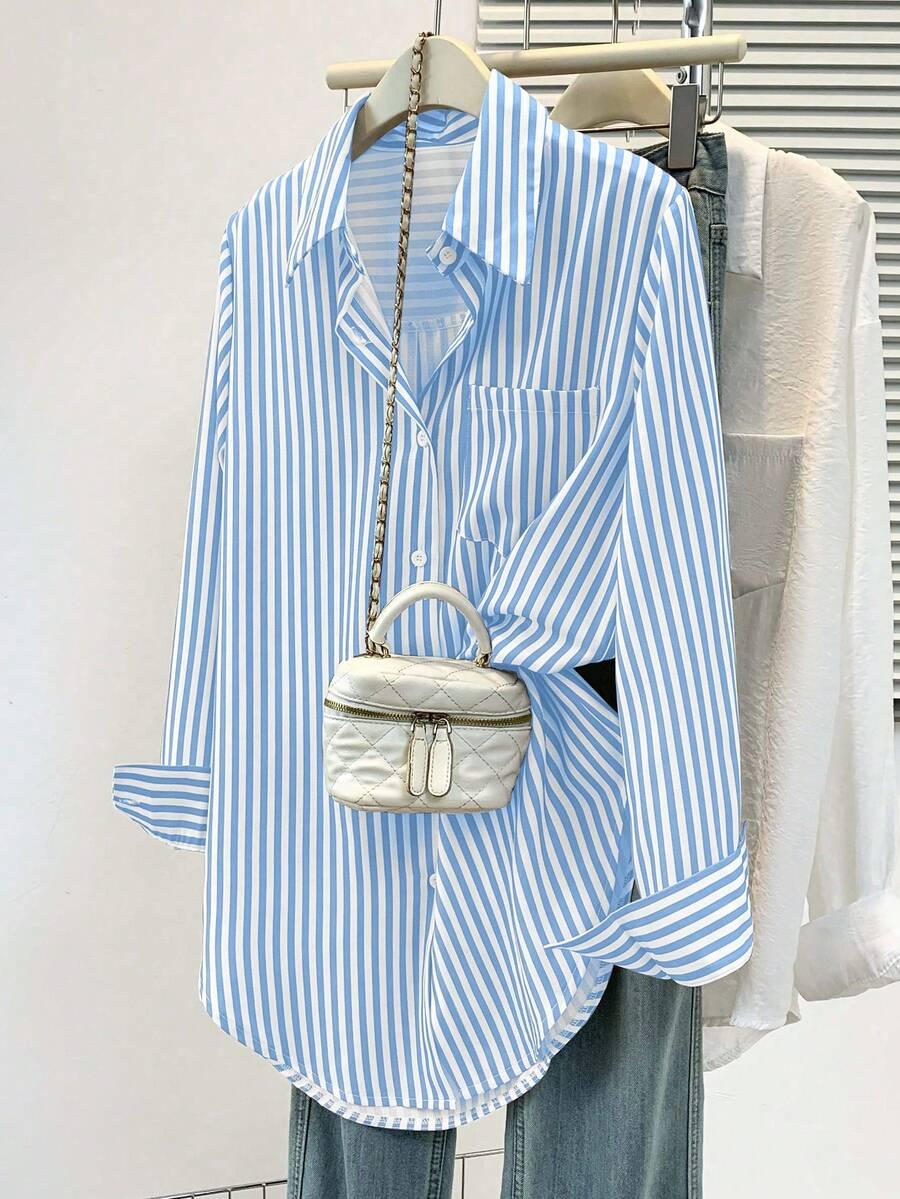 white women's casual blue striped long sleeve button-up shirt
