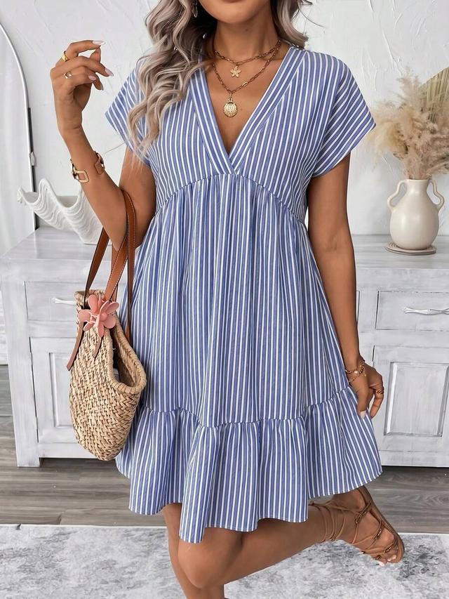 blue and white striped v-neck cotton mini dress