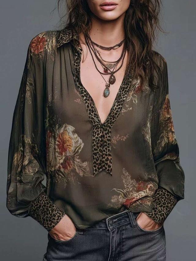 floral and leopard print semi-sheer henley blouse