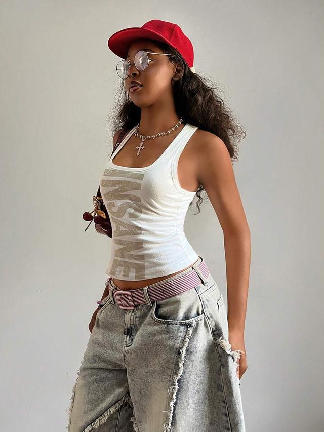 fiercella women's u-neck white distressed print camisole top