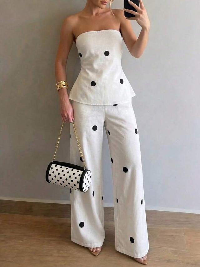 white and black polka dot ruffle tube top set