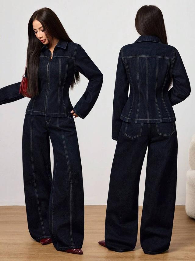 indigo waist-defining jacket and wide-leg jeans set