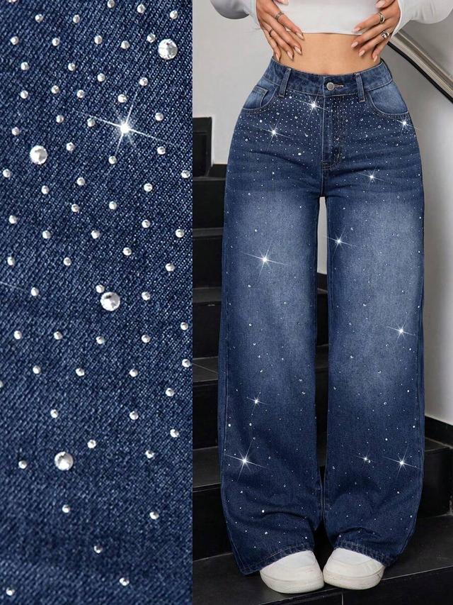 high waist wide leg rhinestone embellished denim jeans