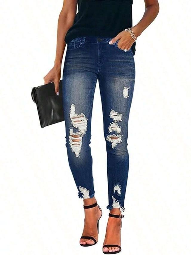 women's mid waist ripped skinny denim pants