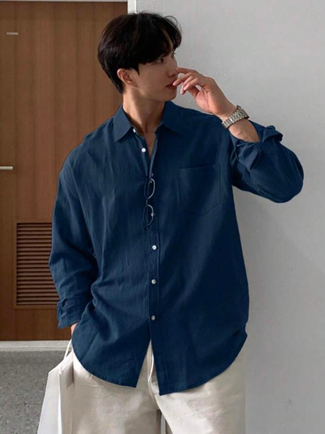 navy blue long sleeve cotton linen blend shirt