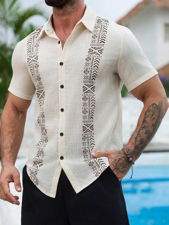 cream linen blend short sleeve printed casual shirt