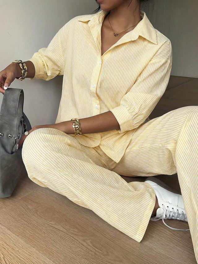 butter yellow pinstripe woven shirt and trousers set