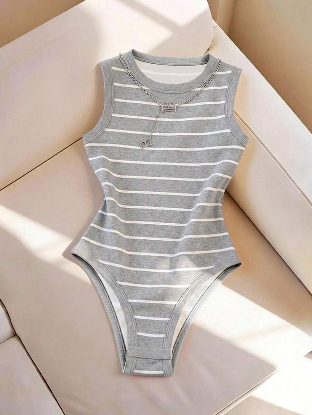 grey striped sleeveless cotton knit bodysuit