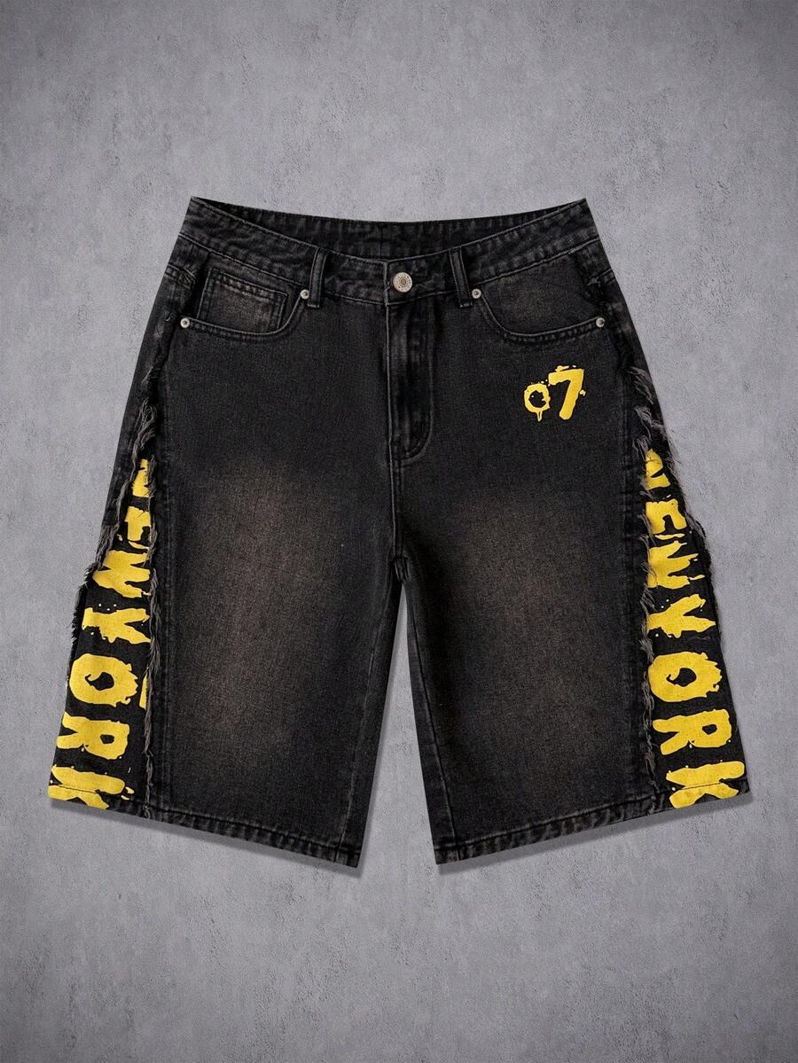 washed black denim bermuda shorts with frayed side print