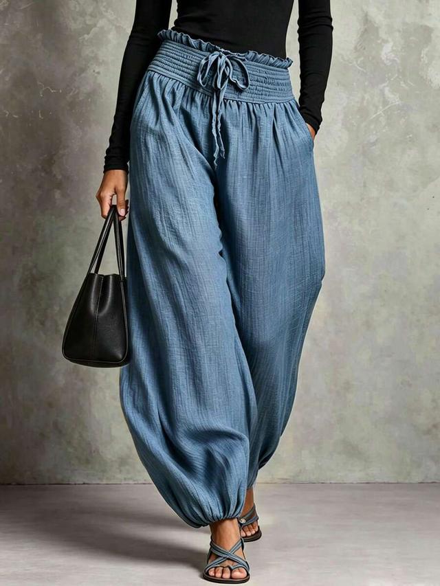 blue textured ruffle elastic waist harem pants