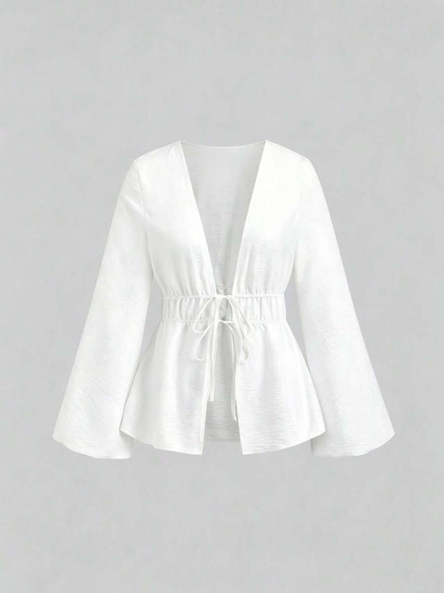 solid white deep v-neck pleated casual top