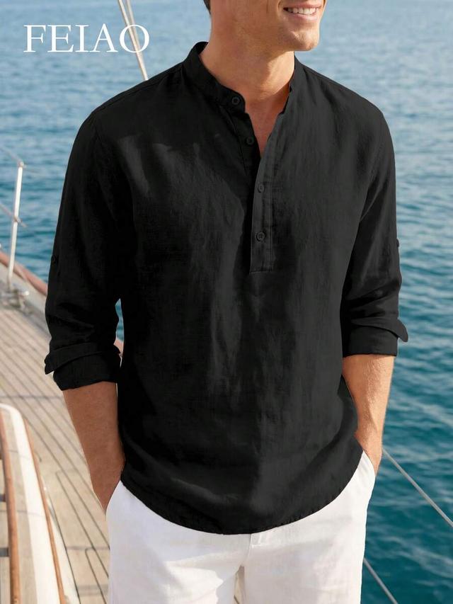 men's black cotton mandarin collar henley shirt
