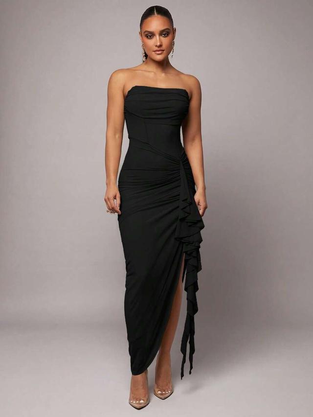 black strapless ruched high slit evening gown