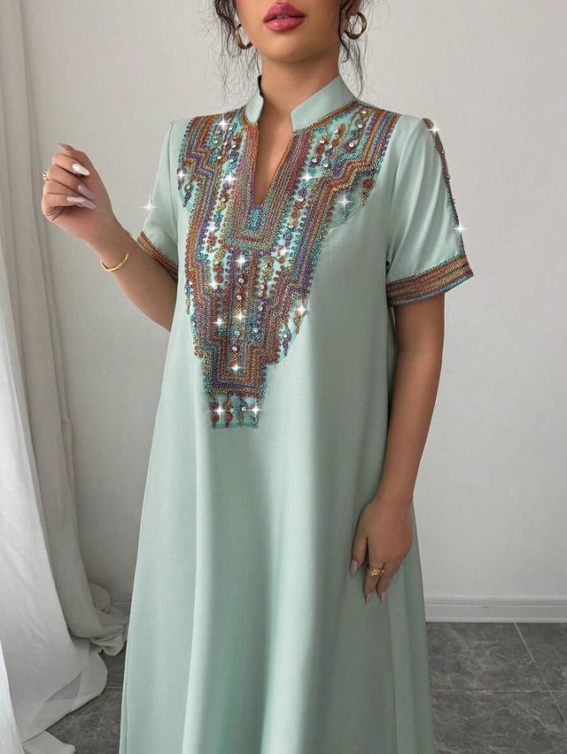 mint green embroidered stand collar rhinestone long dress