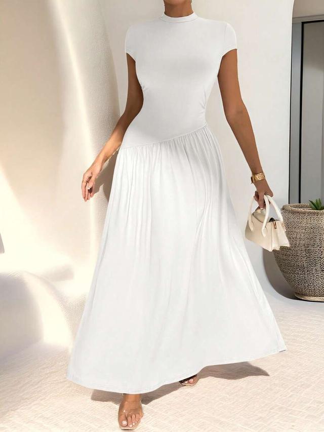 white summer elegant short sleeve asymmetric a-line dress