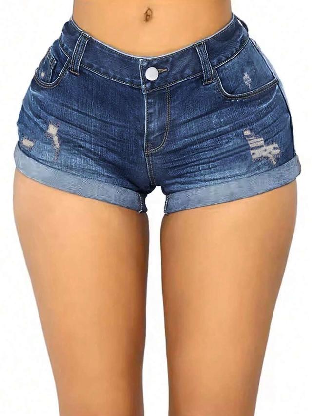 distressed dark wash denim cuffed shorts