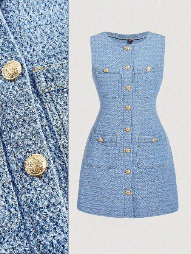 light blue textured tweed button-front mini dress