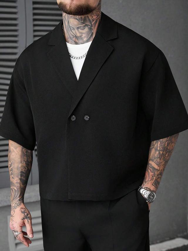 minimalist black double breasted short sleeve shirt