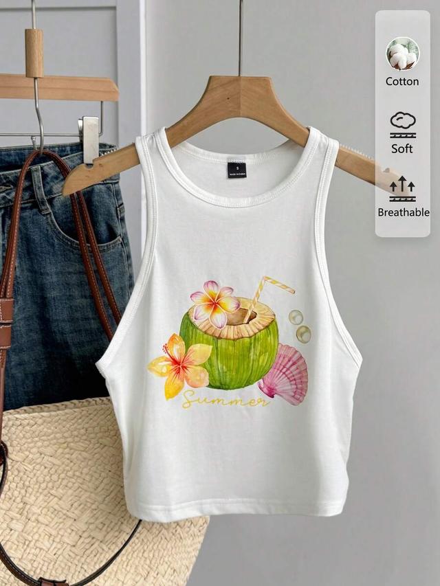 white tropical coconut print casual tank top