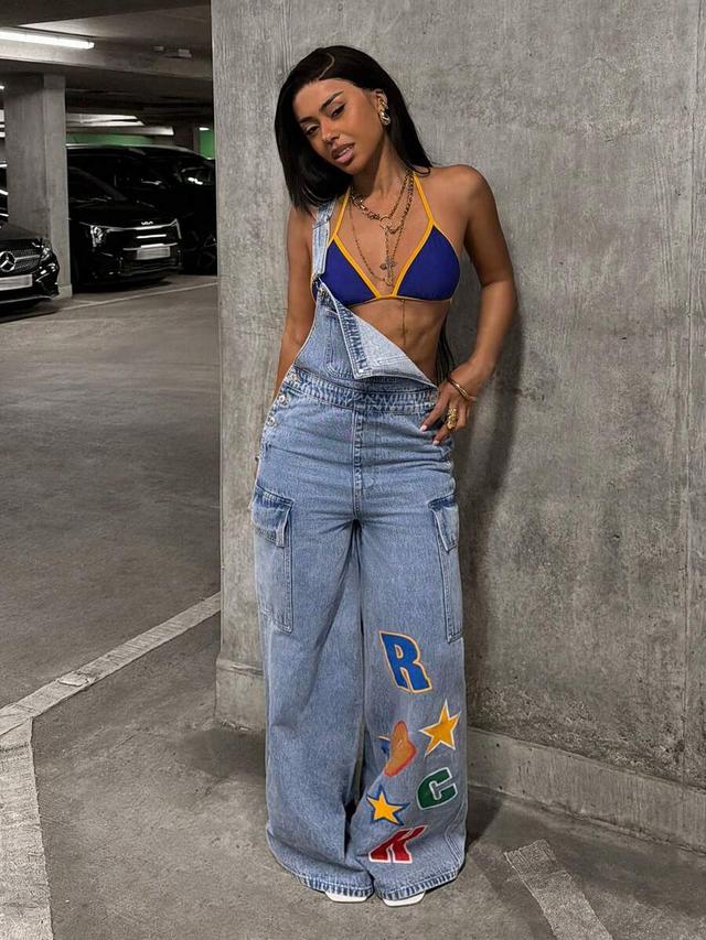 women's letter patch cargo pocket denim bib overall jumpsuit